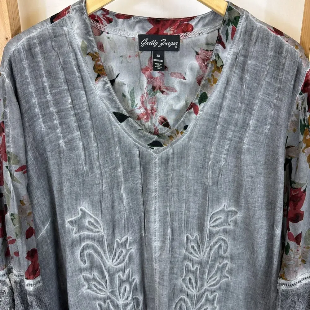 Gretty Zueger Gray V Neck Lace On Cuffs Hem High Low Tunic #1364 Size 2X - Picture 2 of 12